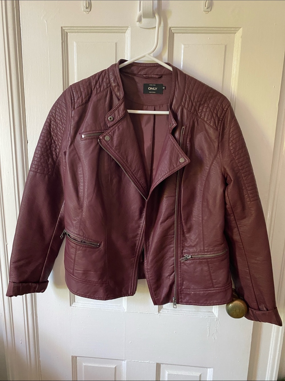ONLY Burgundy Faux Leather Moto Jacket with Quilted Shoulders